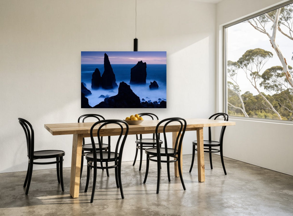 Blue Hour Sea Stacks coastal canvas print on the wall of a dining room