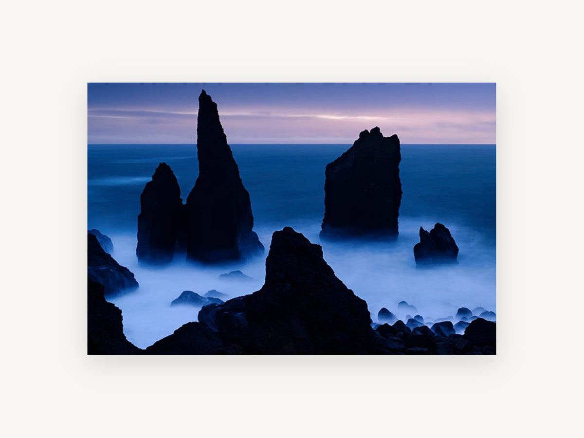 Blue Hour Sea Stacks, coastal canvas wall art print, front view