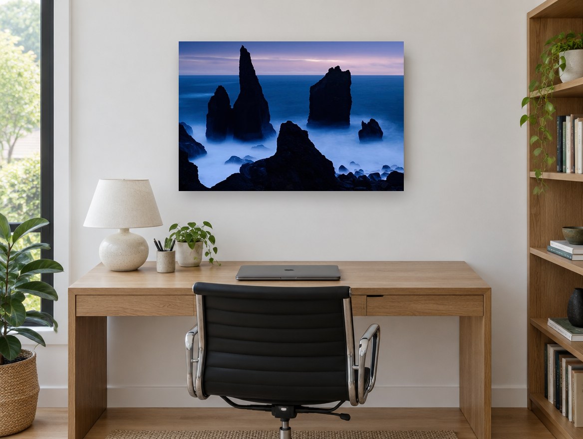 Blue Hour Sea Stacks coastal canvas print on the wall of a study