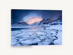 Frozen Fjord Dusk, icy fjord mountains sunset photograph, landscape canvas wall art print ready to hang