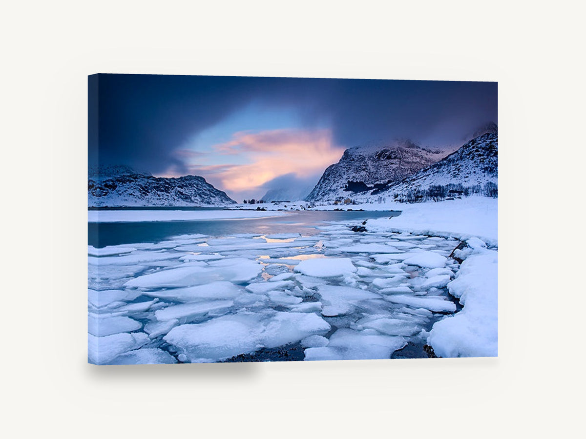 Frozen Fjord Dusk, icy fjord mountains sunset photograph, landscape canvas wall art print ready to hang
