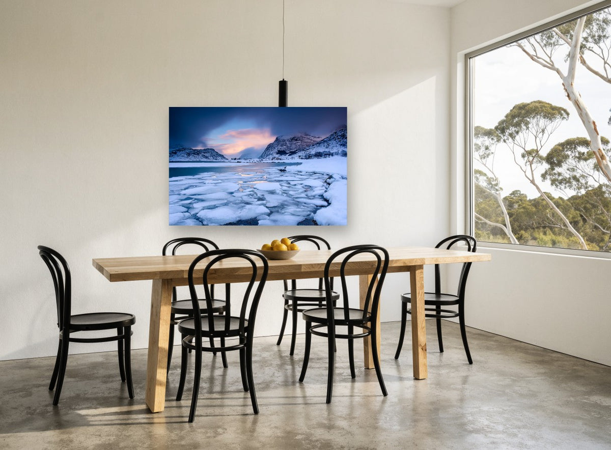 Frozen Fjord Dusk landscape canvas print on the wall of a dining room