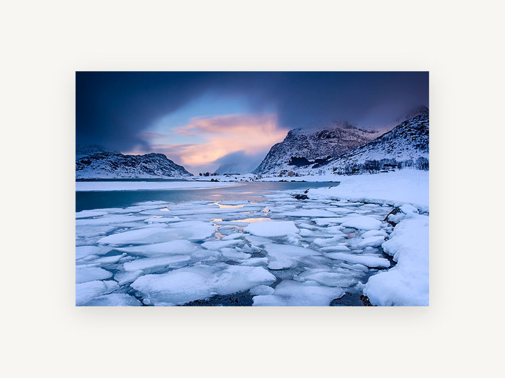 Frozen Fjord Dusk, icy fjord mountains sunset photograph, landscape canvas wall art print, front view