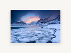 Frozen Fjord Dusk, icy fjord mountains sunset photograph, landscape canvas wall art print, front view