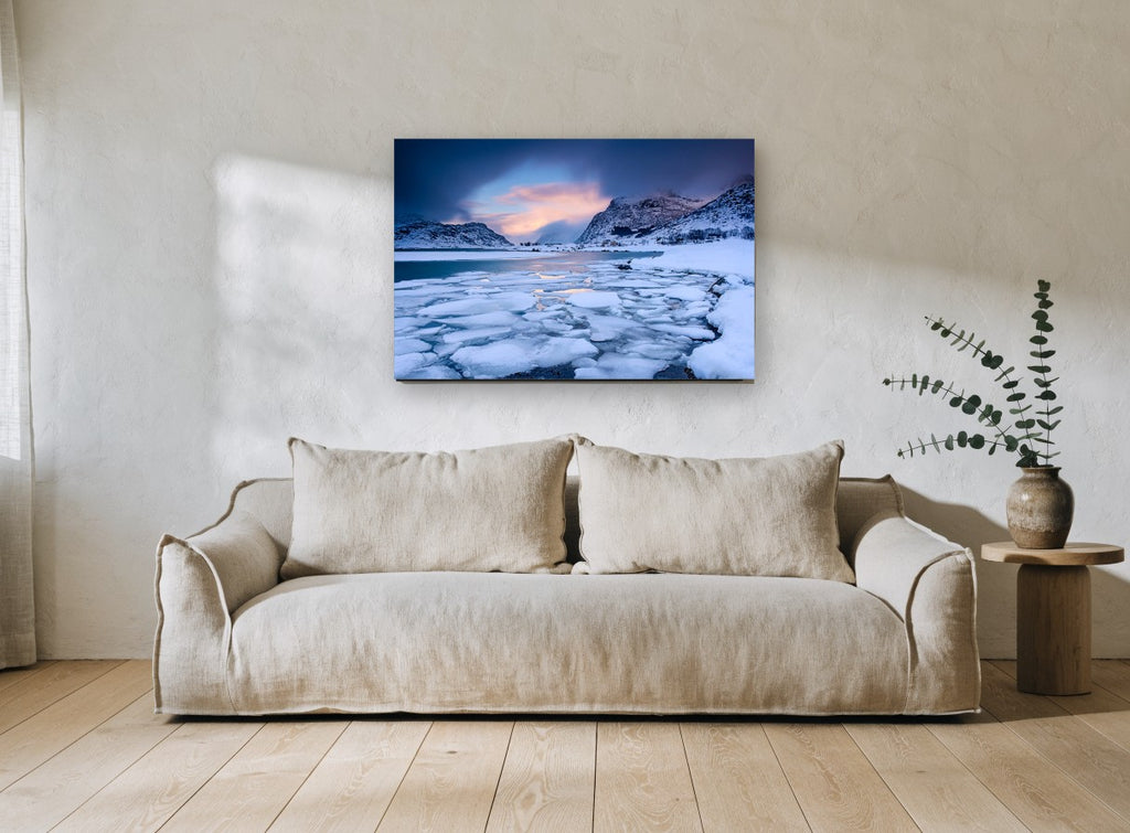 Frozen Fjord Dusk landscape canvas print on the wall of a living room