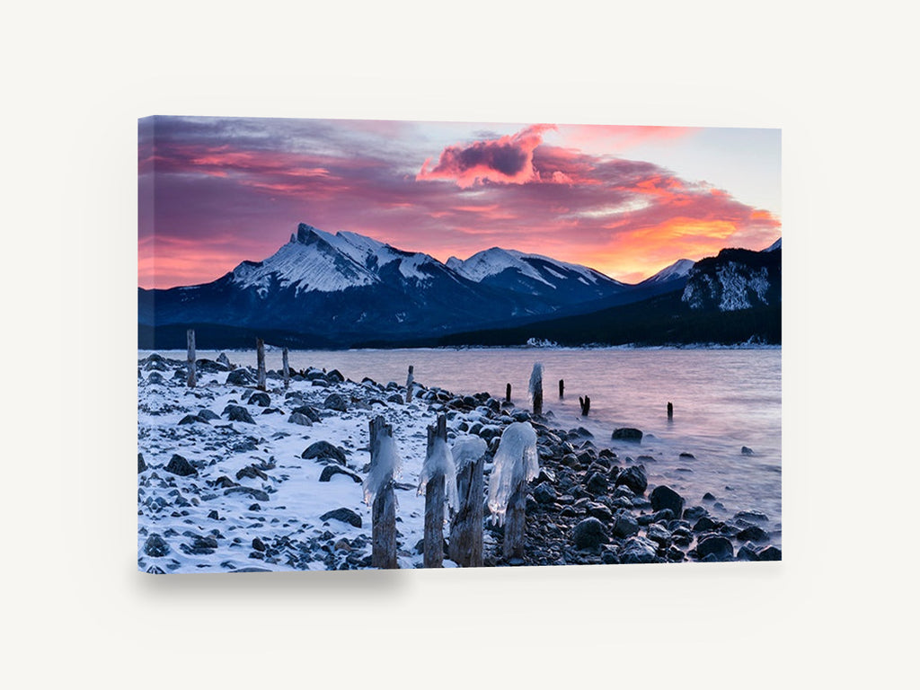 Frozen Posts at Dusk, icy lake mountain sunset photograph, landscape canvas wall art print ready to hang