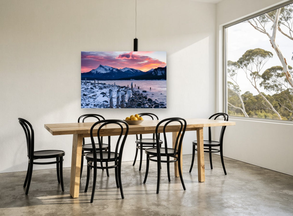 Frozen Posts at Dusk landscape canvas print on the wall of a dining room