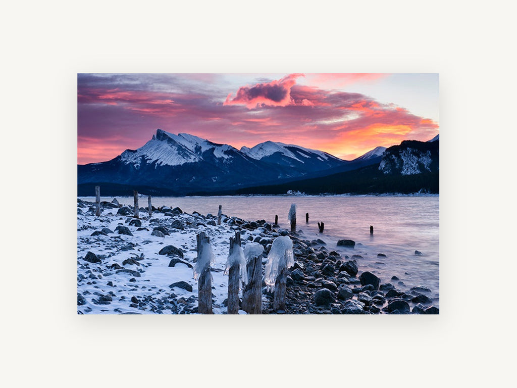 Frozen Posts at Dusk, icy lake mountain sunset photograph, landscape canvas wall art print, front view
