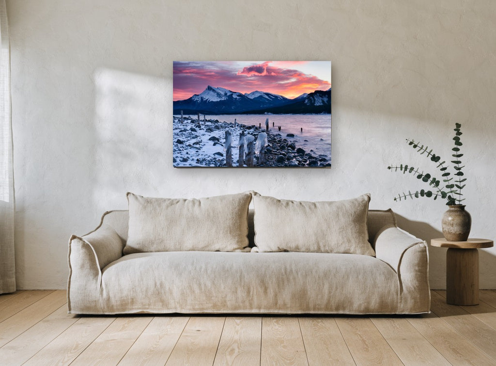 Frozen Posts at Dusk landscape canvas print on the wall of a living room