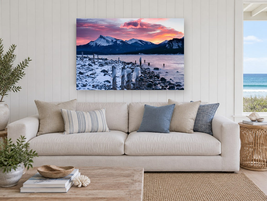 Frozen Posts at Dusk landscape canvas print on the wall of a beach house living room