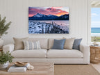 Frozen Posts at Dusk landscape canvas print on the wall of a beach house living room