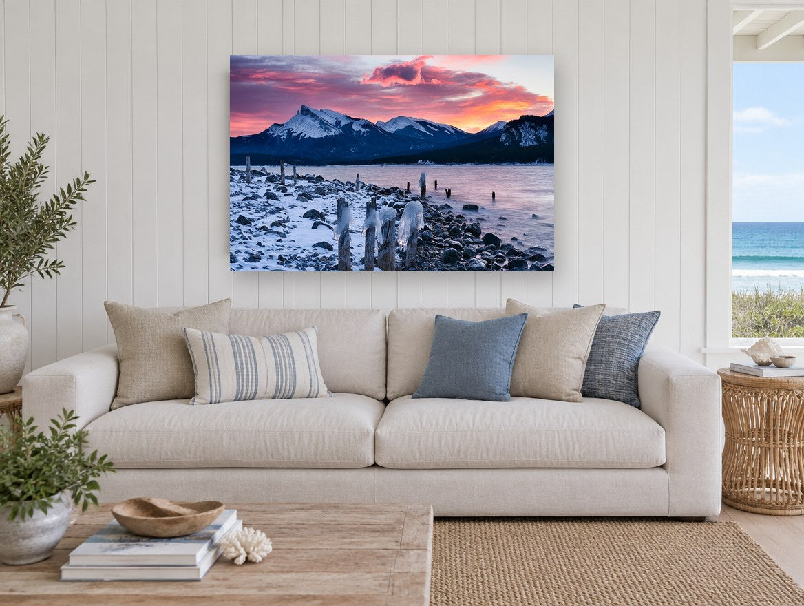 Frozen Posts at Dusk landscape canvas print on the wall of a beach house living room