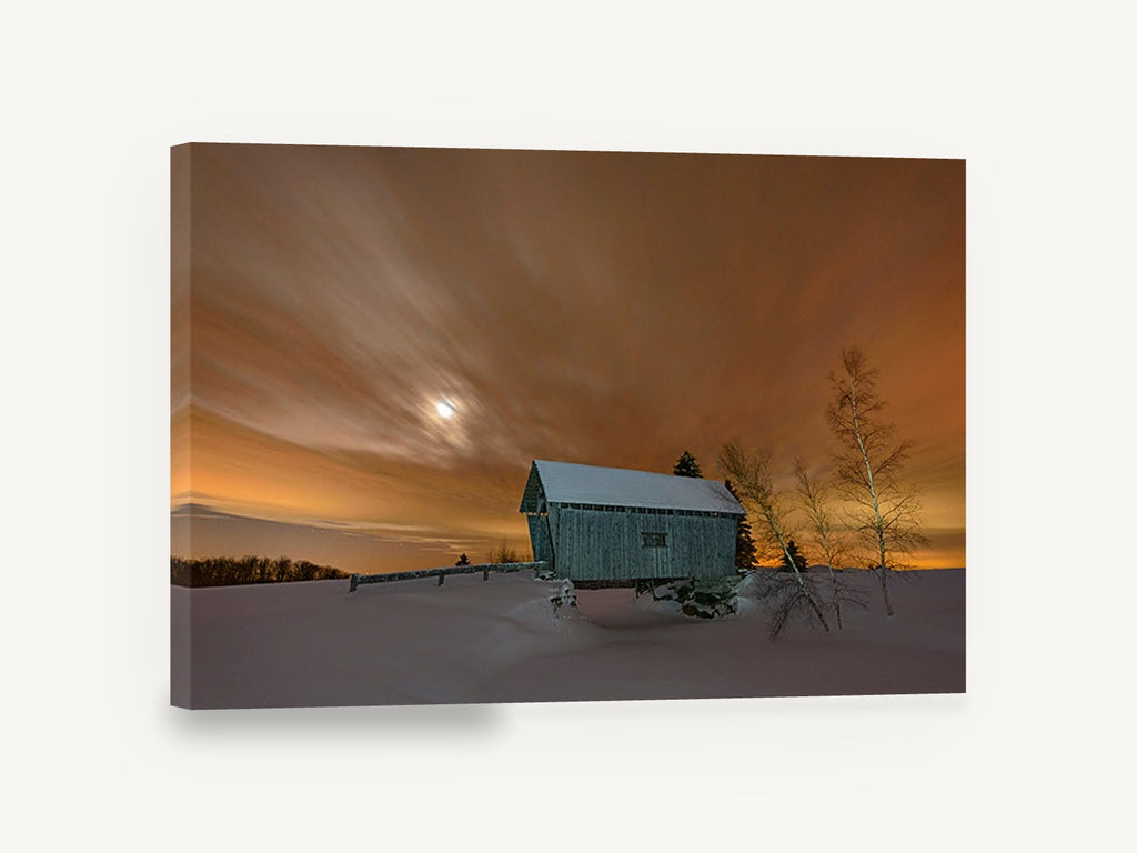 Winter Glow Bridge, snowy covered bridge night photograph, landscape canvas wall art print ready to hang