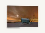 Winter Glow Bridge, snowy covered bridge night photograph, landscape canvas wall art print ready to hang