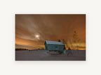 Winter Glow Bridge, snowy covered bridge night photograph, landscape canvas wall art print, front view