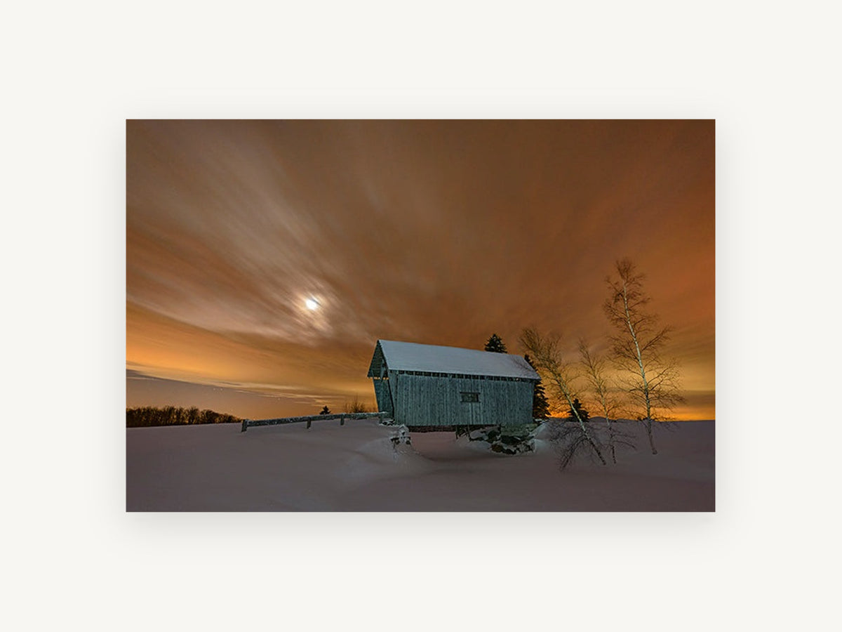 Winter Glow Bridge, snowy covered bridge night photograph, landscape canvas wall art print, front view
