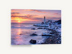 Winter Dawn Lighthouse, lighthouse winter sunrise seascape photograph, coastal canvas wall art print ready to hang