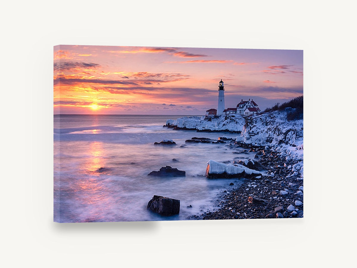 Winter Dawn Lighthouse, lighthouse winter sunrise seascape photograph, coastal canvas wall art print ready to hang