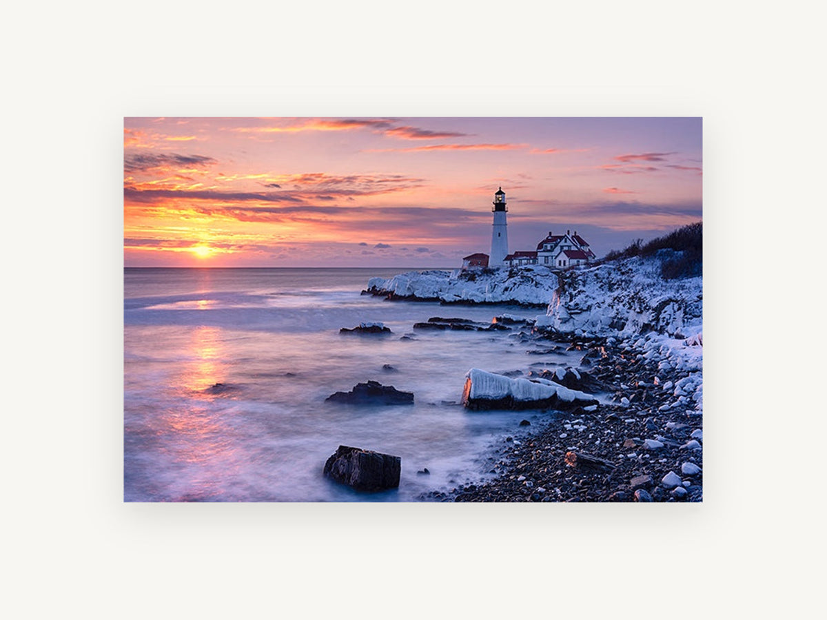 Winter Dawn Lighthouse, coastal canvas wall art print, front view