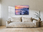 Winter Dawn Lighthouse coastal canvas print on the wall of a living room