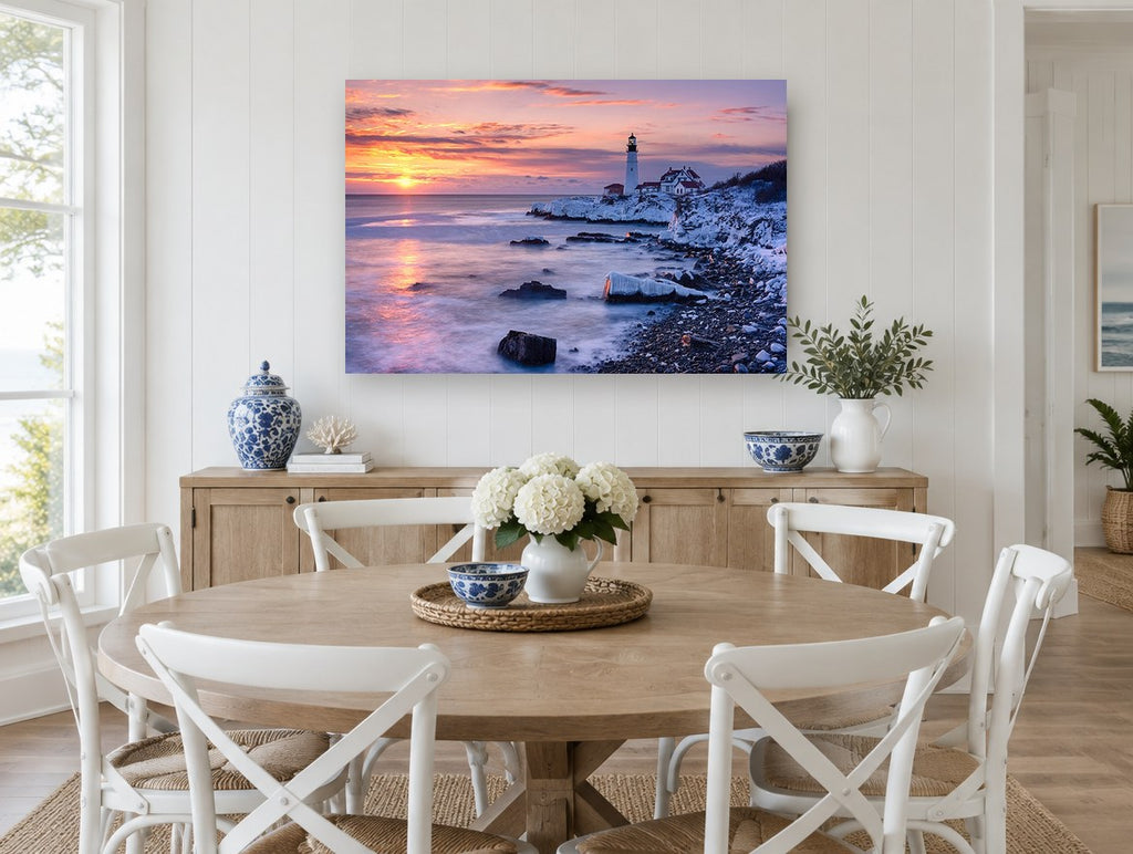 Winter Dawn Lighthouse coastal canvas print on the wall of a Hamptons dining room