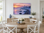 Winter Dawn Lighthouse coastal canvas print on the wall of a Hamptons dining room