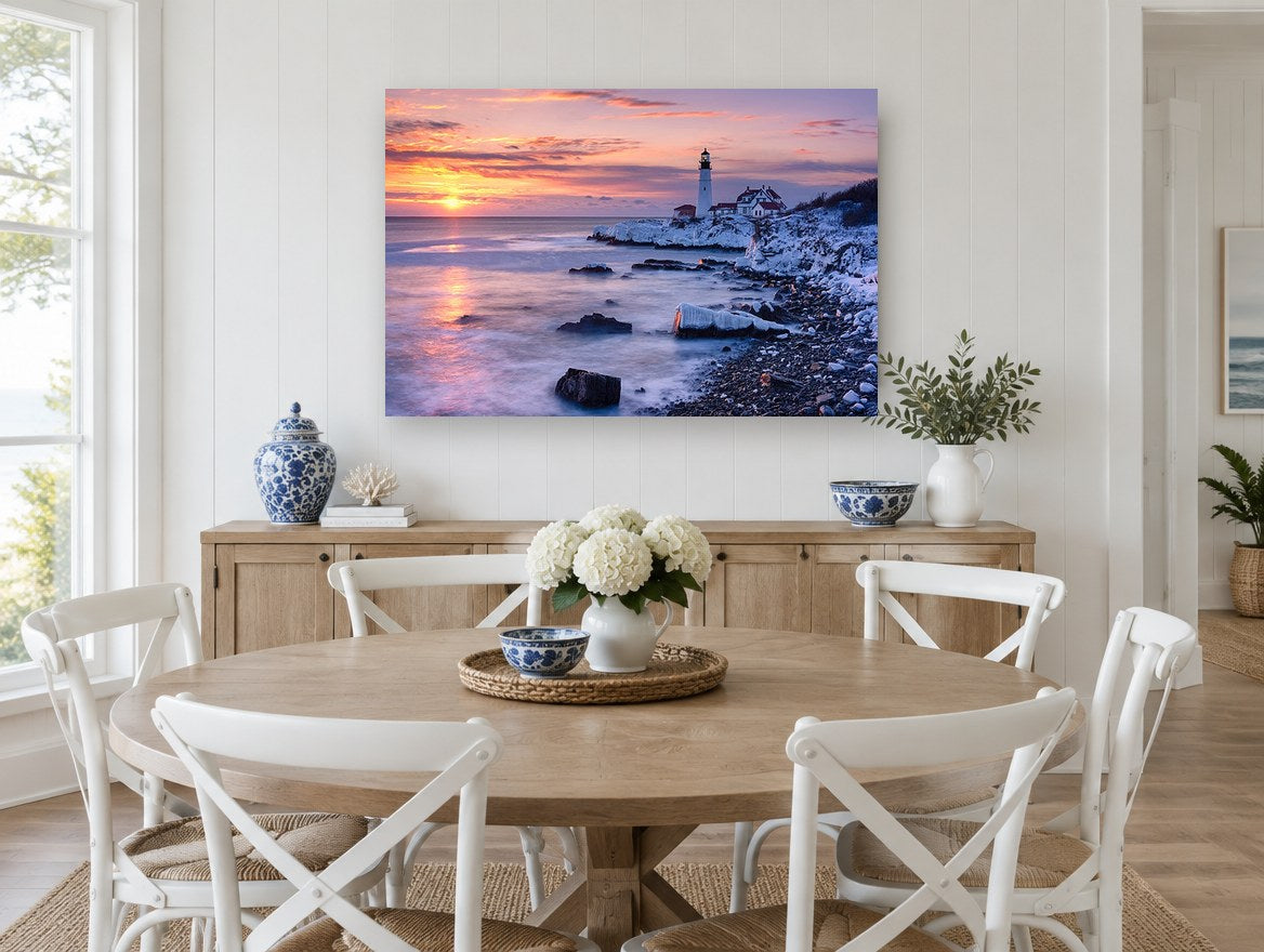 Winter Dawn Lighthouse coastal canvas print on the wall of a Hamptons dining room