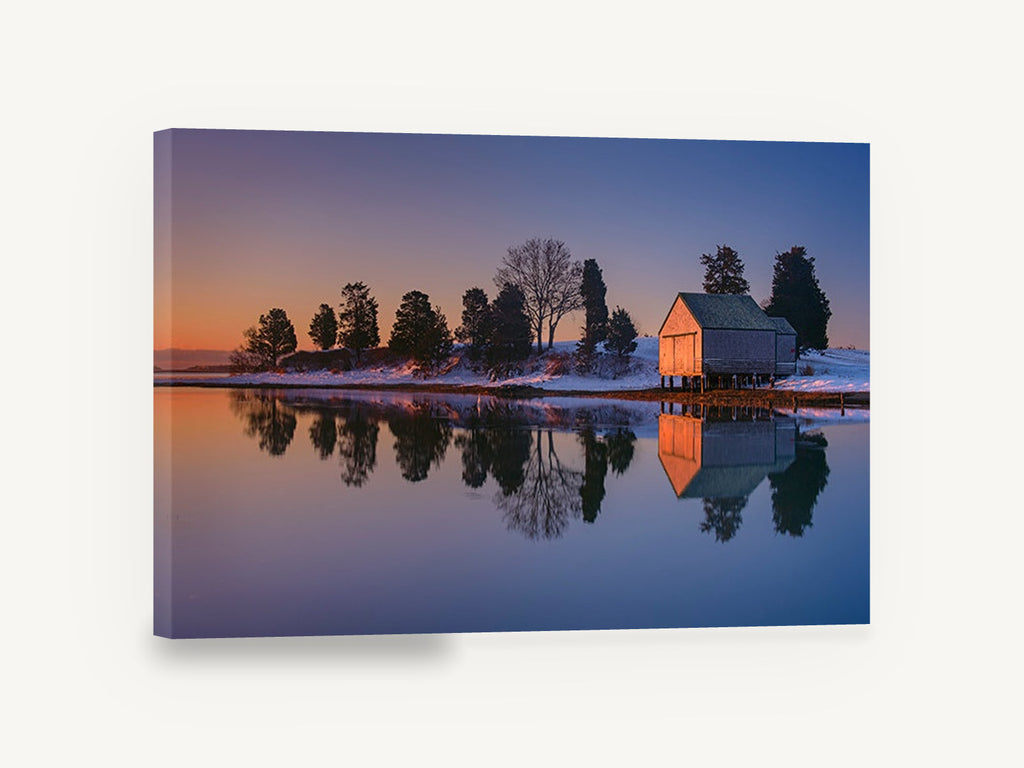 Dusk Boathouse Reflection, snowy boathouse lake reflection photograph, landscape canvas wall art print ready to hang