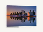 Dusk Boathouse Reflection, snowy boathouse lake reflection photograph, landscape canvas wall art print ready to hang