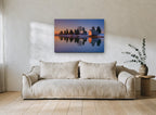 Dusk Boathouse Reflection landscape canvas print on the wall of a living room