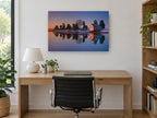Dusk Boathouse Reflection landscape canvas print on the wall of a study