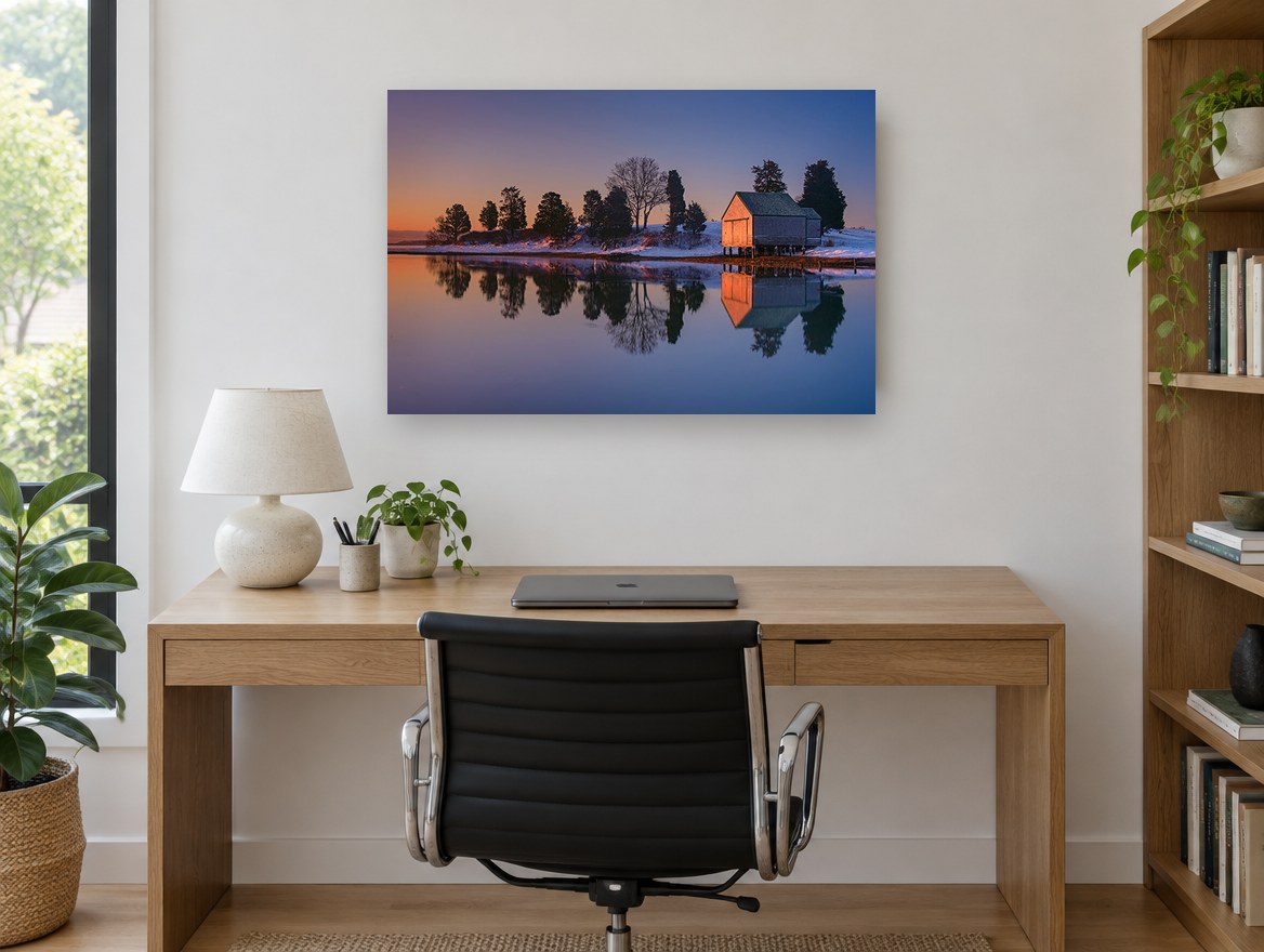 Dusk Boathouse Reflection landscape canvas print on the wall of a study