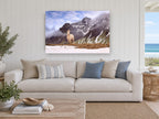 Pale Horse Snow Ridge landscape canvas print on the wall of a beach house living room