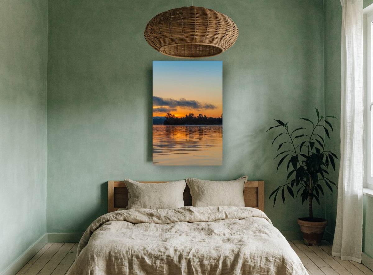 Molten Gold Lake coastal canvas print on the wall of a bedroom