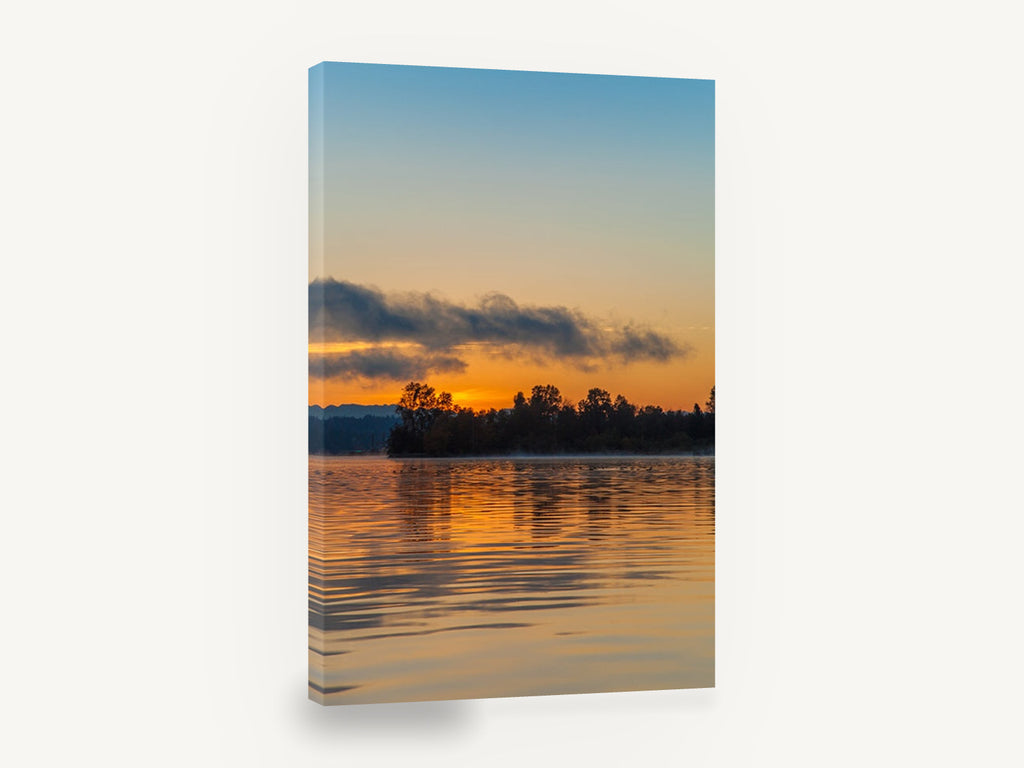 Molten Gold Lake, golden sunset lake reflection photograph, coastal canvas wall art print ready to hang