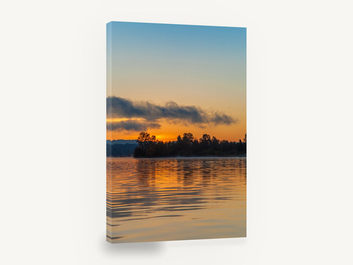 Molten Gold Lake, golden sunset lake reflection photograph, coastal canvas wall art print ready to hang