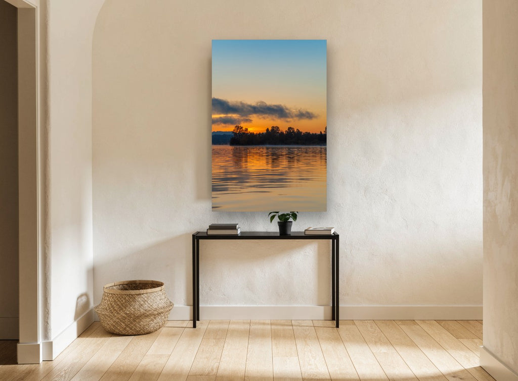 Molten Gold Lake coastal canvas print on the wall of a hallway