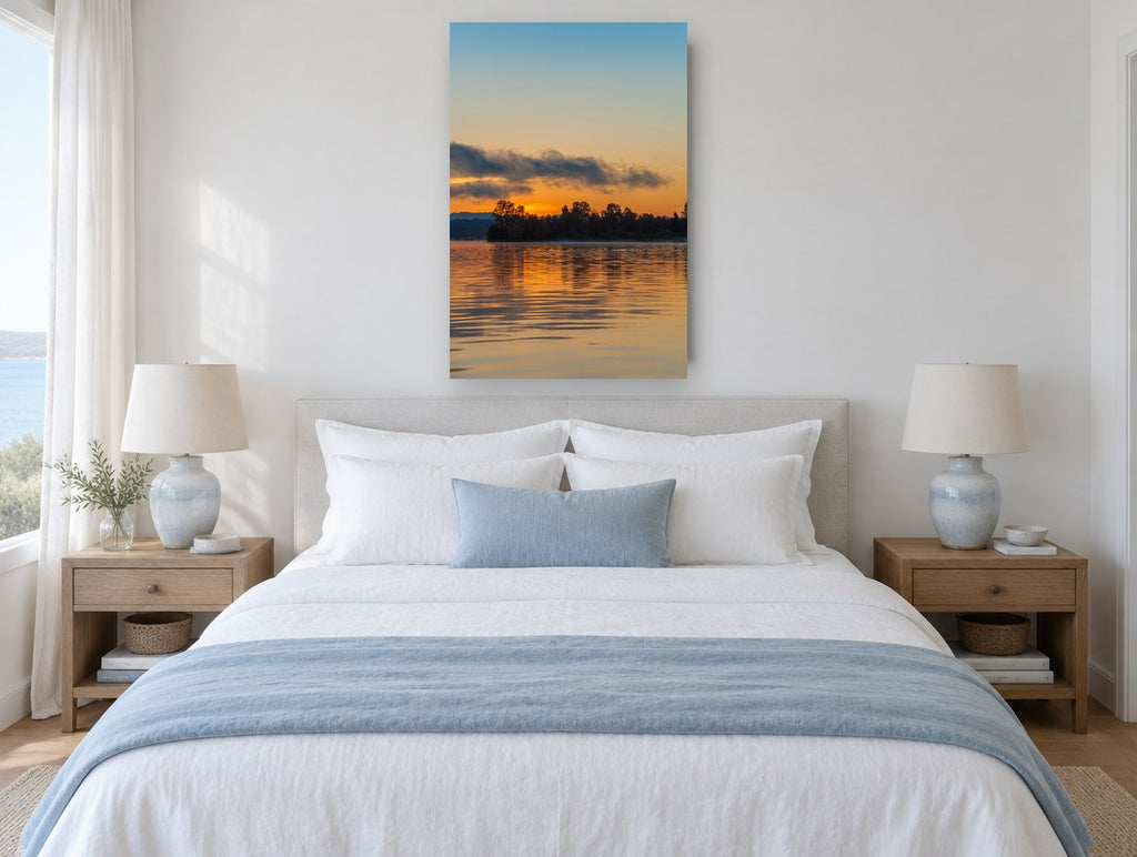 Molten Gold Lake coastal canvas print on the wall of a coastal bedroom