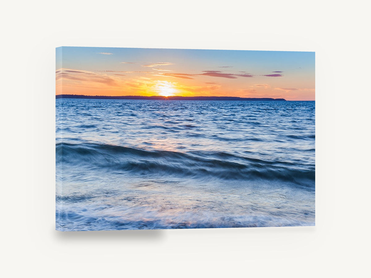 Dusk Over Soft Water, sunset over blurred waves photograph, coastal canvas wall art print ready to hang