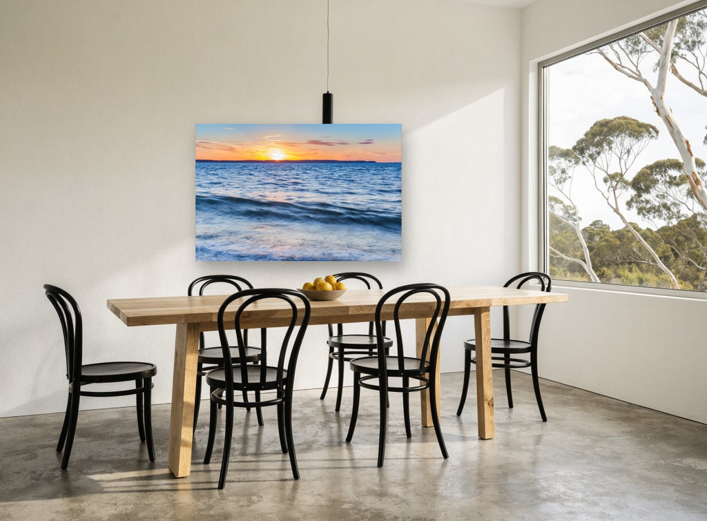 Dusk Over Soft Water coastal canvas print on the wall of a dining room