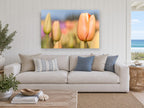 Peach Tulip Bud floral canvas print on the wall of a beach house living room