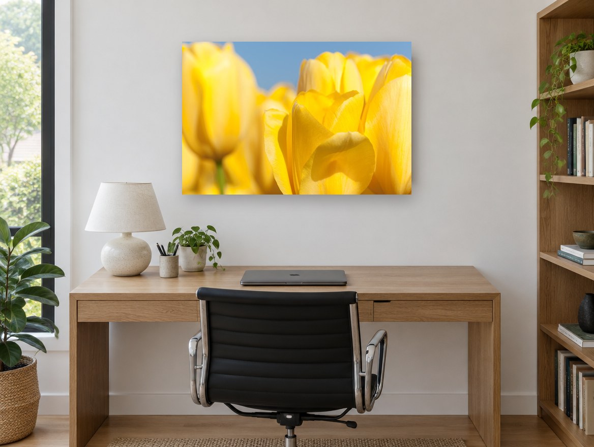 Yellow Tulip Sunshine floral canvas print on the wall of a study