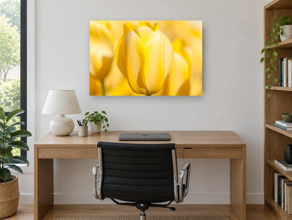 Soft Yellow Tulip floral canvas print on the wall of a study