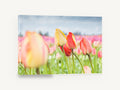 Tulips Under Grey Sky, spring tulip field photography, floral canvas wall art print ready to hang
