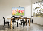 Tulips Under Grey Sky floral canvas print on the wall of a dining room