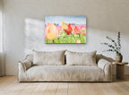Tulips Under Grey Sky floral canvas print on the wall of a living room