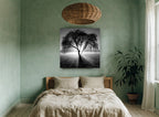 Backlit Weeping Willow landscape canvas print on the wall of a bedroom