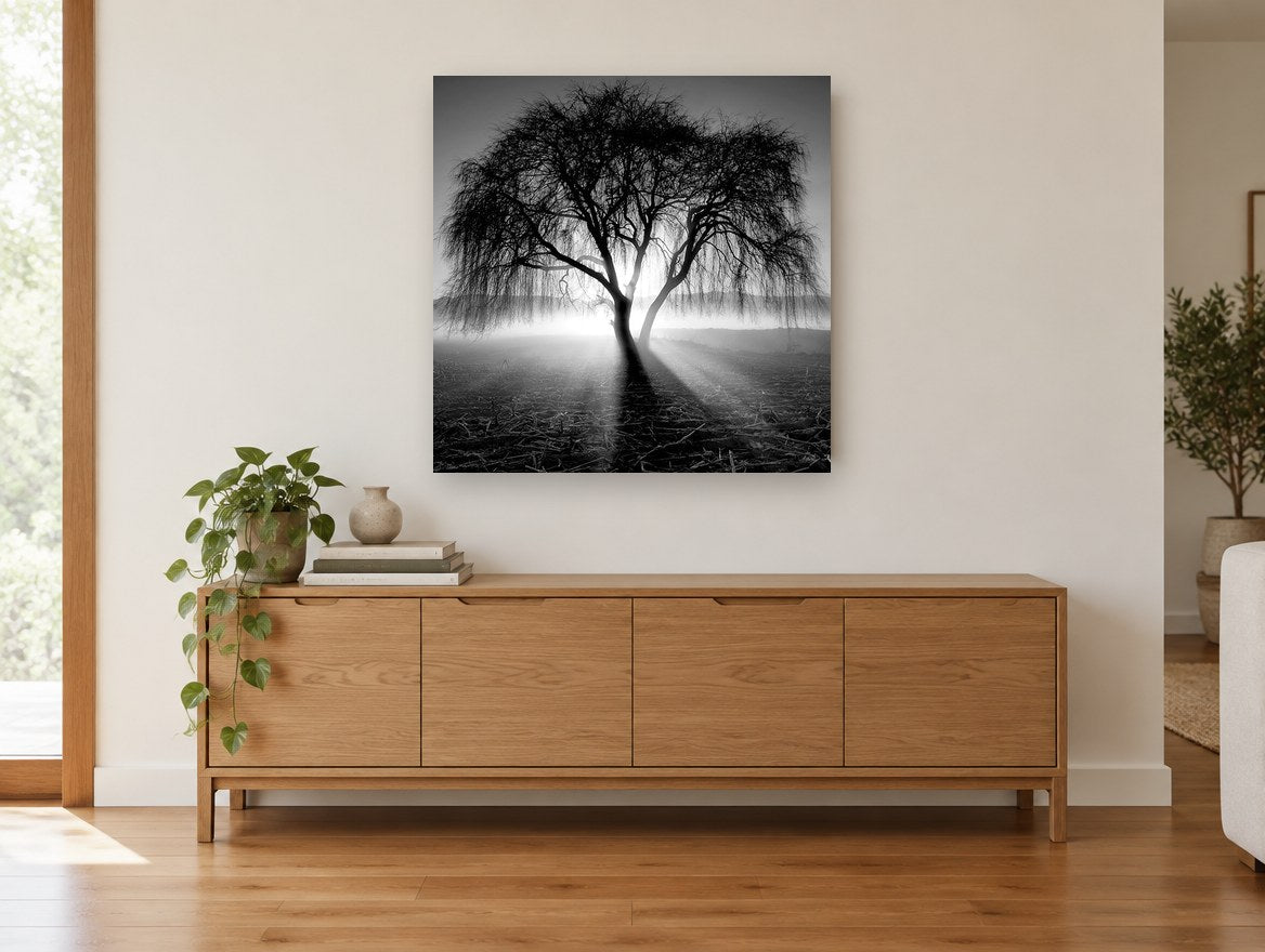 Backlit Weeping Willow landscape canvas print on the wall of a living room above a sideboard