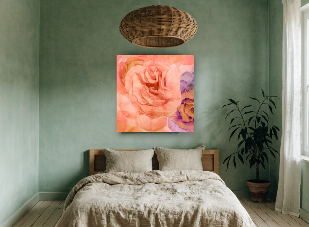 Apricot Rose Reverie floral canvas print on the wall of a bedroom