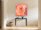 Apricot Rose Reverie floral canvas print on the wall of a hallway